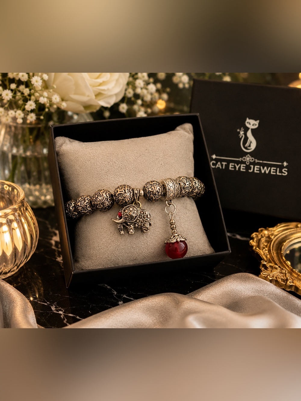 Cat Eye Jewels Tibetan Silver Elephant Charm Bracelet Red Bead Gift Box